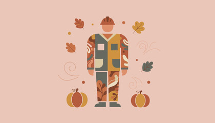 Abstract fall worker illustration with pumpkins and leaves symbolizing seasonal labor
