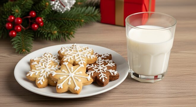 Plate of snowflake christmas cookies with a glass of milk and festive decorations