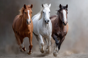 Obraz premium Laufende Pferde auf staubiger Wiese – Symbol für Freiheit und Kraft
