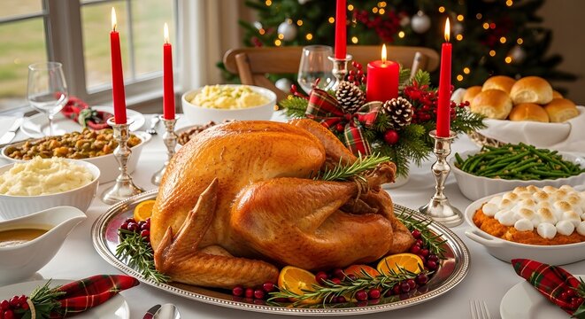 A festive holiday dinner table laden with a golden roasted turkey, side dishes, and christmas decorations