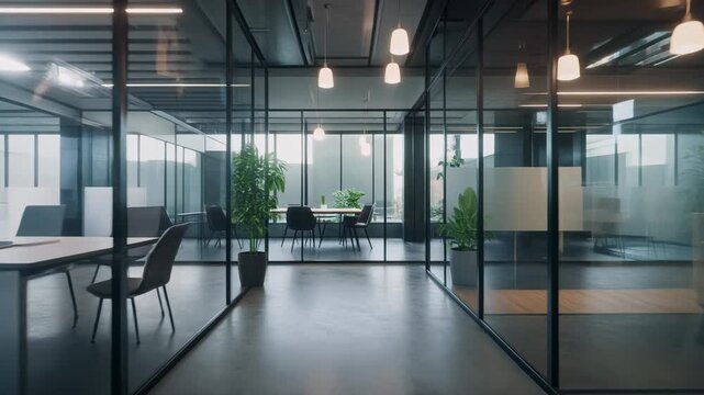 Modern office space with glass walls featuring plants,tables,chairs,and pendant lights,designed for collaboration and teamwork,corporate interior