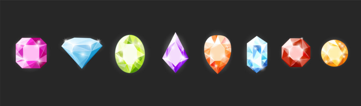 A vibrant collection of sparkling, multifaceted gemstones in various shapes and colors, set against a dark background.