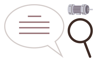 Speech bubble with text, magnifying glass, and electric motor represent communication, research, engineering, innovation, education, analysis and teamwork. Ideal for simple flat metaphor