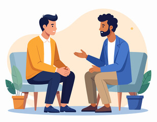 Two men are sitting in chairs facing each other, engaged in a conversation with expressive gestures.