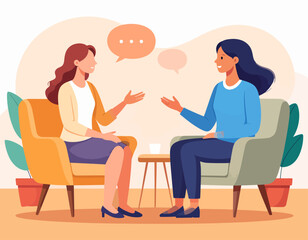 Two women are engaged in a conversation, sitting in armchairs facing each other with speech bubbles above their heads, in a bright, inviting setting.