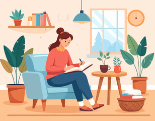 A woman sits in an armchair in a cozy room, writing in a journal with plants, books, and a window in the background.