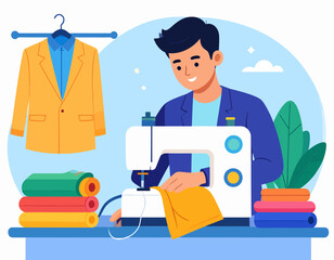 An illustration of a tailor sewing a yellow fabric on a sewing machine with a yellow jacket hanging in the background.