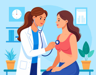 A female doctor in a white coat uses a stethoscope to examine a female patient's chest in a medical office setting.