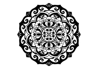 Hand-drawn Mandala design, mandala art, nature mandala with floral and abstract lines. Black and white background with mandala design to textiles, henna painting and background for your art. No ai.