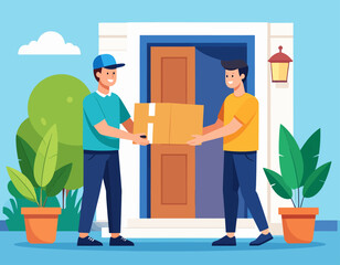 A delivery man hands a cardboard box to a recipient standing in front of a house door. Potted plants flank the doorway.