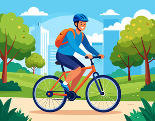 Naklejka premium A man wearing a helmet and backpack is riding a bicycle on a path in a park with trees and city buildings in the background.