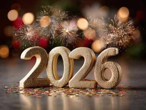 Goldene 2026-Zahlen mit Feuerwerk und Weihnachtsdekoration &ndash; festliche Neujahrsfeier