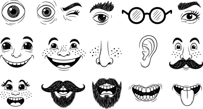 Cartoon facial features: eyes, mouths, noses, and accessories on transparent background