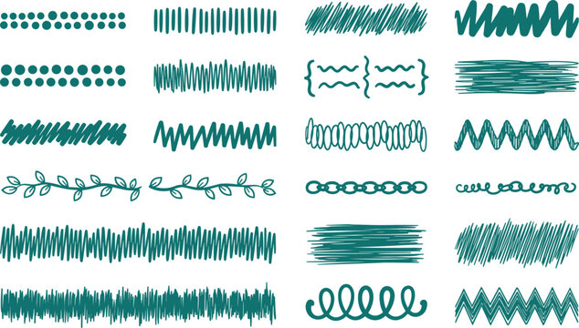 Collection of teal hand-drawn line borders and dividers on white background on transparent background