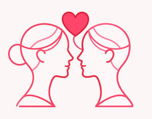 Abstract illustration of two faces in profile facing each other with a heart floating above them, symbolizing love and connection.