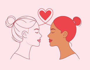 Two women face each other in profile, connected by a line forming a heart, illustrating love and connection. One woman is depicted in outline, the other in solid color.