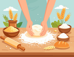 Illustration of hands kneading dough on a wooden surface, surrounded by ingredients like flour, wheat, and a rolling pin, suggesting baking or cooking.