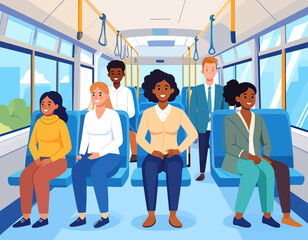 Illustration of diverse passengers riding a bus, sitting and standing, with city buildings visible through the windows.