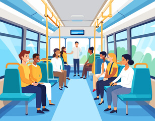 Illustration of diverse passengers inside a modern bus, some sitting and some standing, traveling together.