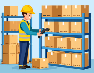 Warehouse worker scanning boxes on shelves with a barcode scanner, wearing a hard hat and safety vest in a brightly lit storage area.