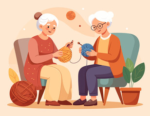 Two elderly women are sitting in chairs knitting with yarn, enjoying their hobby in a cozy, illustrated setting.