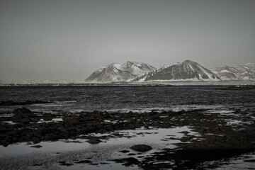 Minimalist black and white winter landscape with snowy mountains and cold sea