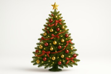 Fototapeta premium Lush decorated Christmas tree with warm lights and ornaments isolated on pure white
