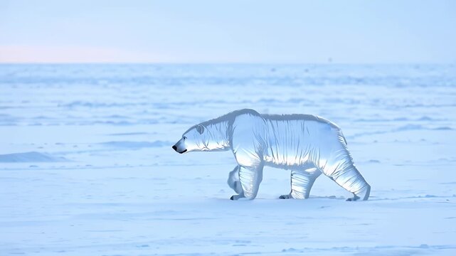A solitary polar bear trudges across a vast icy Arctic landscape under a pale blue sky