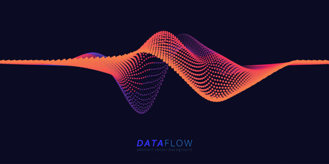 Big Data Flow wavy point lines. Minimalistic neural network information analysis. Digital dynamic qubits of data. AI technology voice print