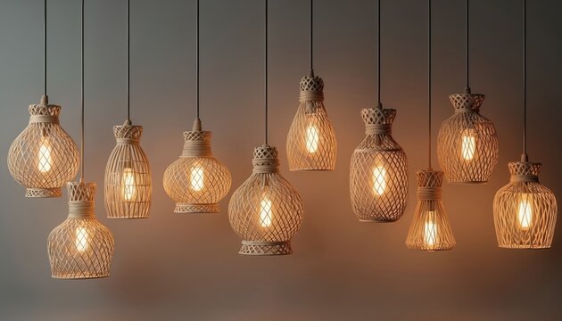 Collection of nine woven bamboo pendant lights hang in a row. Lamps feature natural rattan shades with decorative tops and bottoms. Each light fixture holds a visible Edison bulb emitting warm glow.
