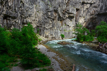 Landscape in Abkhazia with Caucasian ridge and river