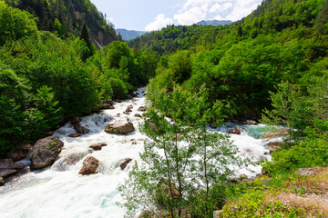 Landscape in Abkhazia with Caucasian ridge and river