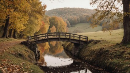 Fototapeta premium Wooden bridge spans a stream, framed by trees in fall colors, leading to a rolling hill