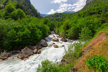 Landscape in Abkhazia with Caucasian ridge and river