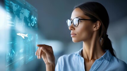 A professional woman uses a transparent touchscreen with virtual airplane graphics and data visualizations. The scene highlights advanced digital solutions and smart business technology trends - Powered by Adobe
