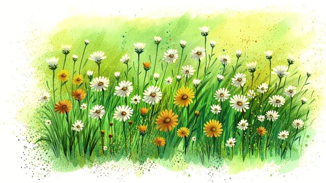 A sunlit watercolor meadow filled with white daisies and vibrant orange blossoms