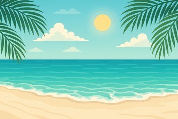 Obraz premium Vibrant illustrated tropical beach with turquoise water palm trees and sunny sky