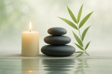 Zen spa composition with candle smooth stones and bamboo over rippling water
