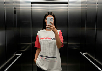 Girl on Elevator Photo Tshirt Mockup