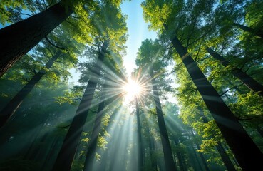 Obraz premium Sunlight beams through green forest canopy. Tall trees create deep shade and rays of light pierce misty air. Peaceful woodland nature scene, serene morning atmosphere.