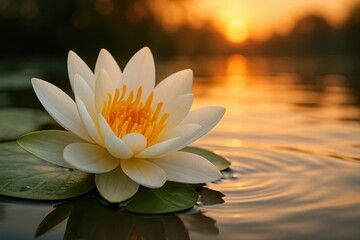 White water lily floating on calm pond with soft ripples and golden sunrise