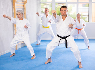 Group of elderly people in kimono trying new fighting techniques at karate lessons