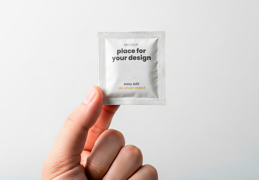 Square Packet Sachet hold with Fingers Mockup