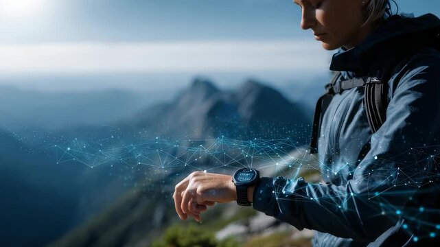 A female adventurer checks her smart watch, visualizing data and connectivity in a breathtaking mountain setting. The image blends nature, innovation, and active lifestyle trends seamlessly