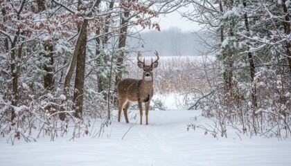 A majestic deer stands quietly on a snow-covered forest path surrounded by frosted trees, capturing the serene and magical essence of winter's stillness, wildlife beauty, and natural wonder.