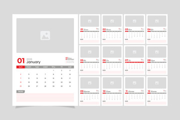 2026 calendar template design with photo frame, week starts on sunday, vector illustration twelve months yearly calendar set