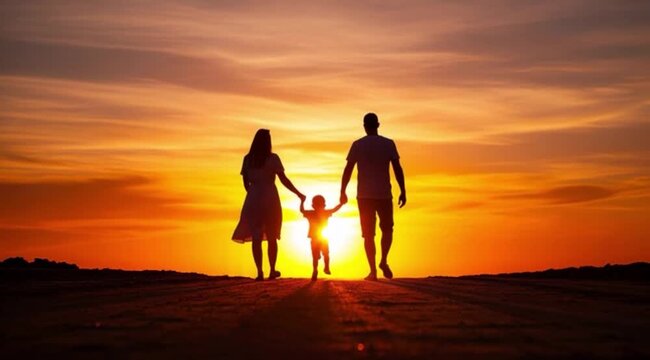 Silhueta de casal de m&atilde;os dadas com uma crian&ccedil;a, caminhando em dire&ccedil;&atilde;o ao sol. Amor e uni&atilde;o familiar.