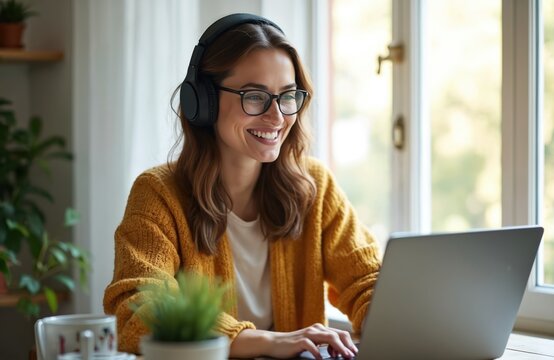 Smiling woman wearing headphones, glasses working on laptop computer from home office. Happy female student enjoys listening to online webinar video conference call. Young freelancer girl enjoys - Powered by Adobe