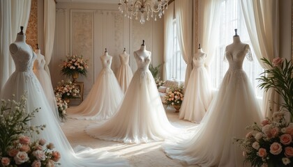 Elegant bridal boutique displays wedding gowns on mannequins. Lace curtains and floral arrangements create romantic atmosphere. Plush fitting area offers luxurious bride shopping experience.