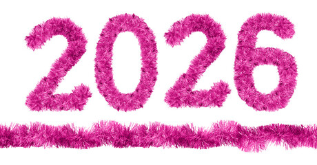 New Year 2026 made from New Year's tinsel, isolated Christmas tinsel, tinsel garland